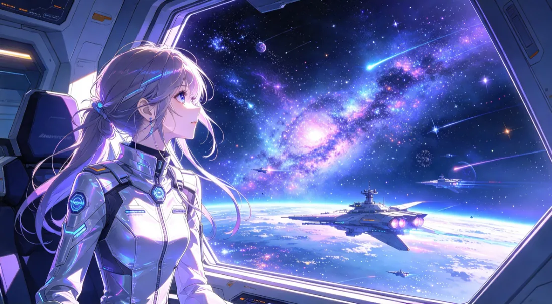 飞船舷窗边望向星空的人物插画