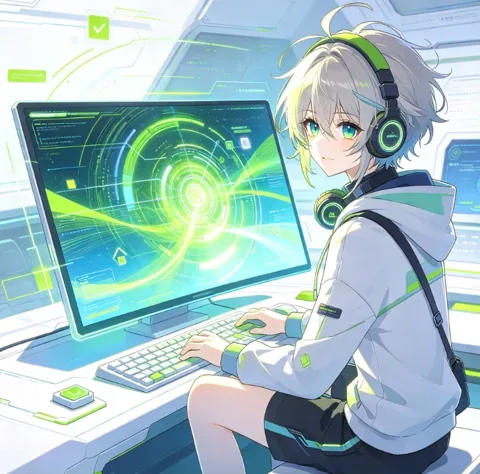 坐在电脑前操作的动漫风插画