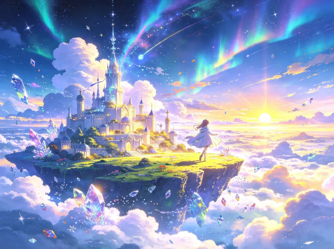 云海中的浮岛城堡与人物插画