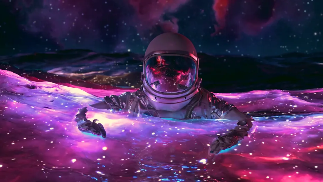 紫色星云海面中探出头的宇航员插画
